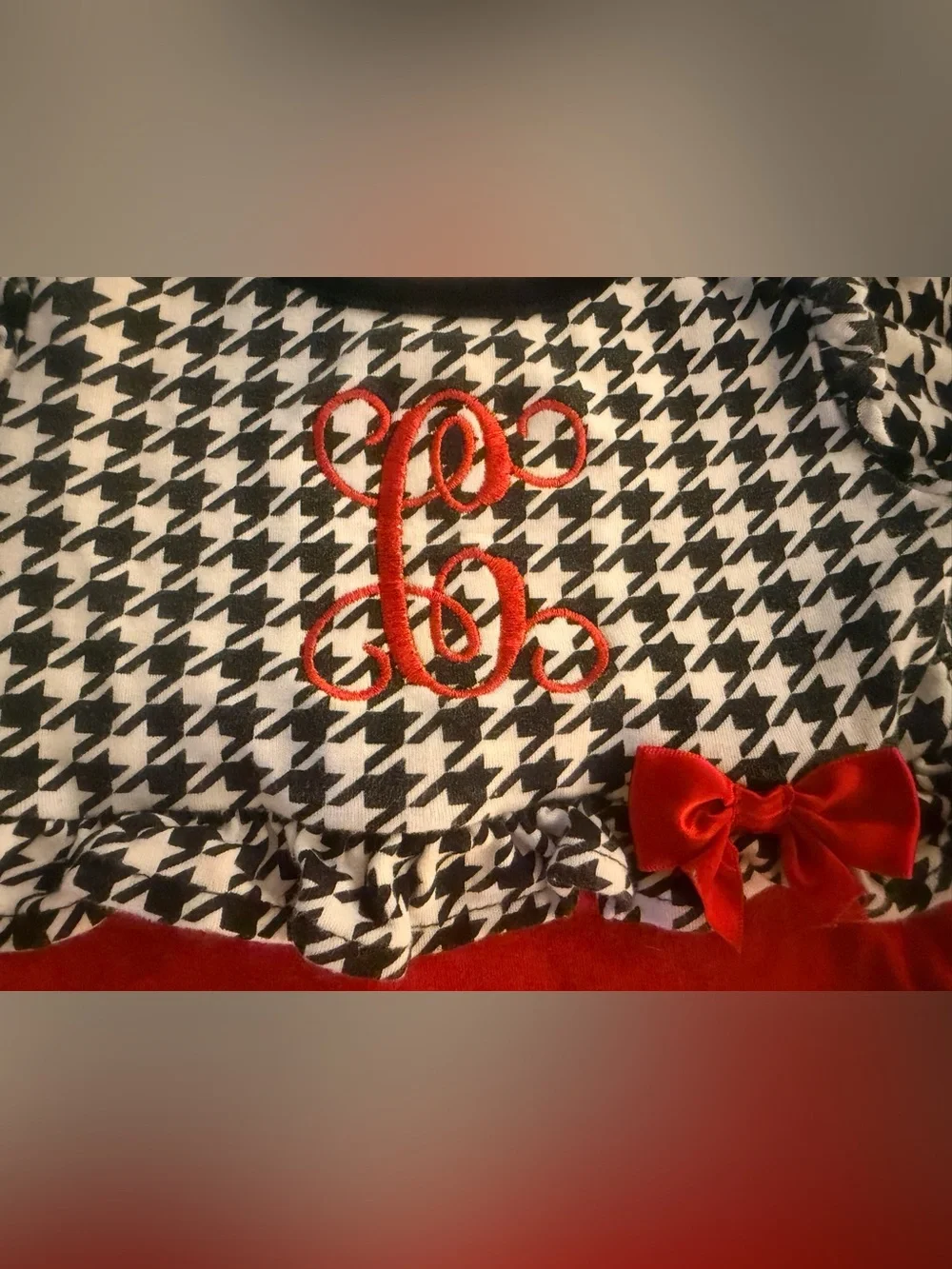 Monogram “C” Black & White Houndstooth Long-Sleeve Bodysuit with Red Accents
